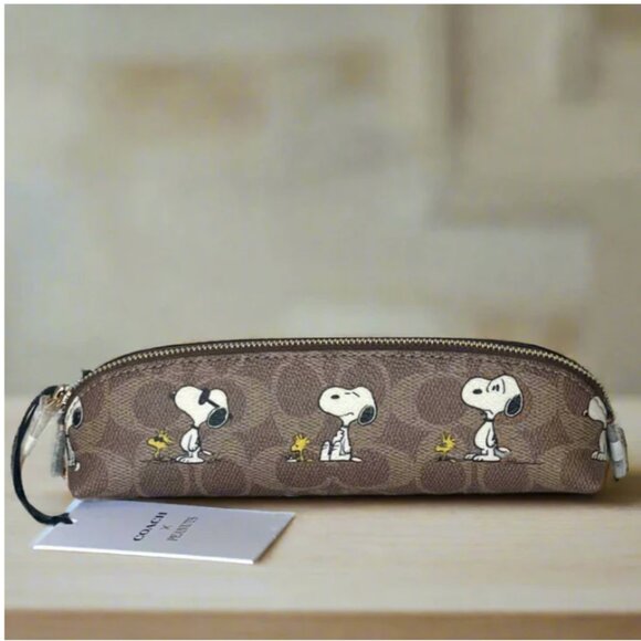 Coach x Peanuts Snoopy Pencil Case CBT17 Brown Signature Canvas Leather - Picture 1 of 9